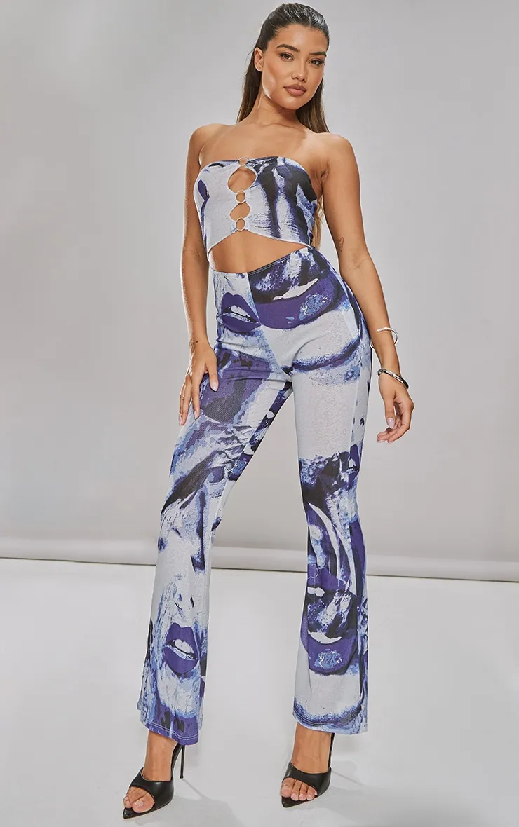 Blue Printed Ring Detail Burn Out Mesh Flared Jumpsuit sold by Pretty Little Thing product image thumbnail 3
