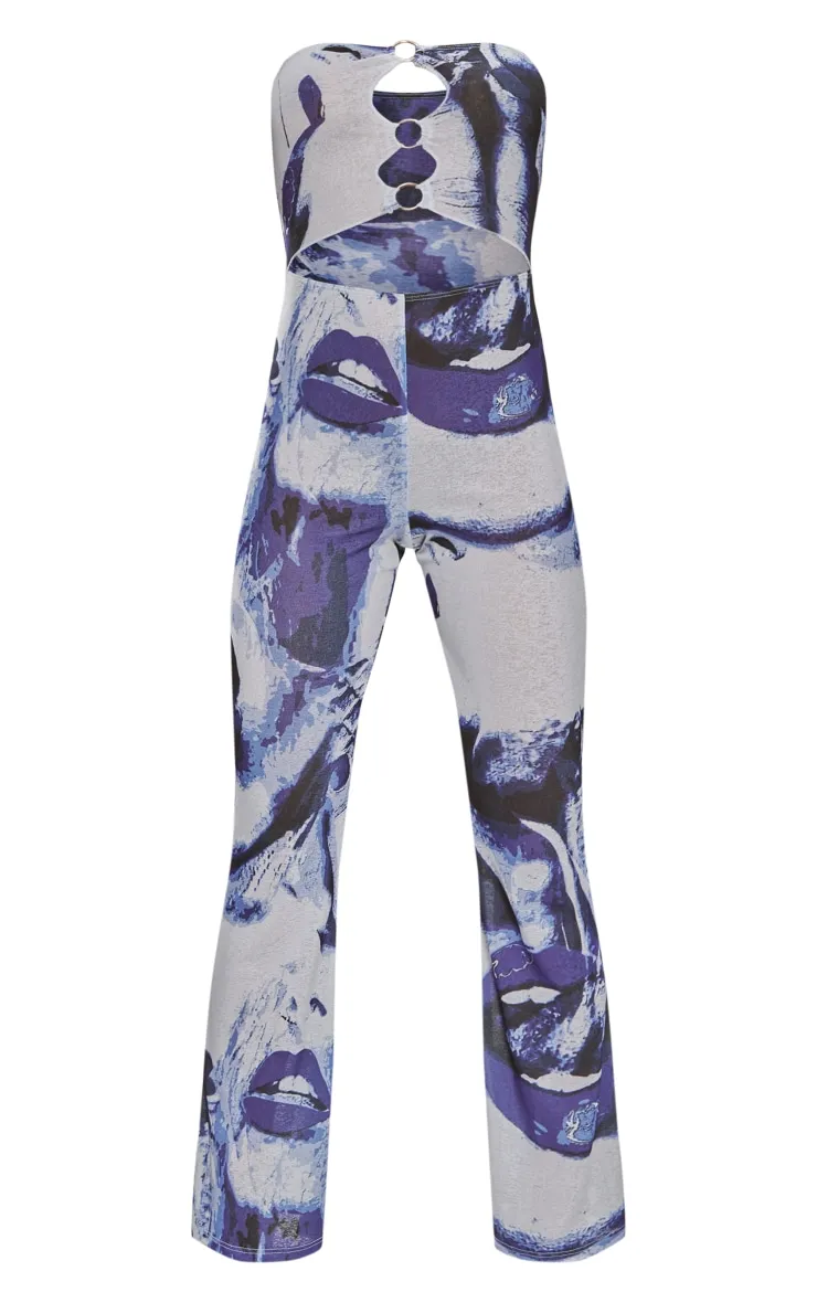 Blue Printed Ring Detail Burn Out Mesh Flared Jumpsuit sold by Pretty Little Thing product image thumbnail 5