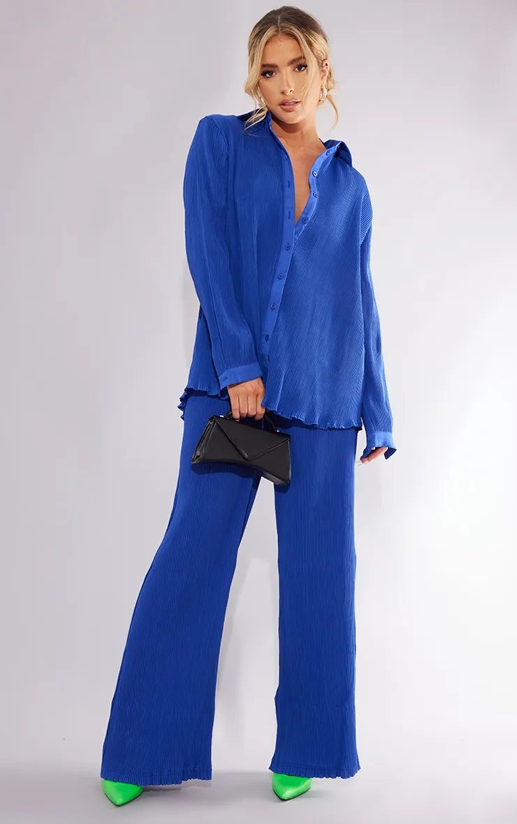 Bright Blue Plisse High Waisted Wide Leg Trousers sold by Pretty Little Thing
