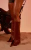 Brown PU Point Toe Gold Stud Fold Over High Stiletto Heeled Boots sold by Pretty Little Thing