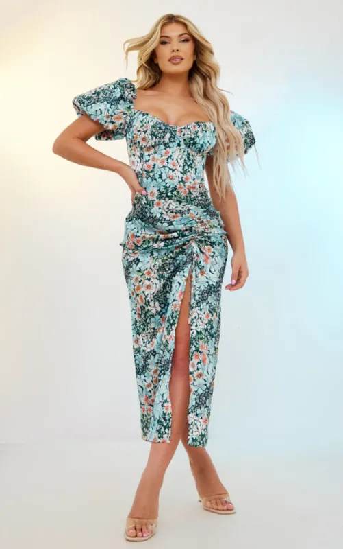 Blue Floral Print Satin Puff Sleeve Corset Ruched Midaxi Dress made by Pretty Little Thing