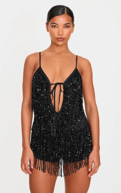 Black Premium Full Embellished Plunge Strappy Playsuit sold by Pretty Little Thing