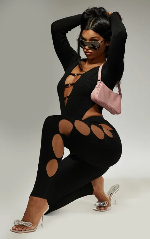 Black Cut Out Rib Knit Leggings sold by Pretty Little Thing