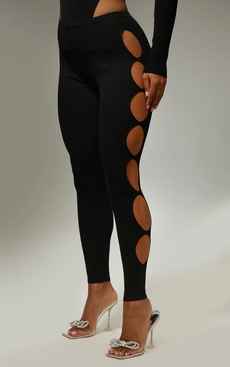 Black Cut Out Rib Knit Leggings sold by Pretty Little Thing product image thumbnail 2