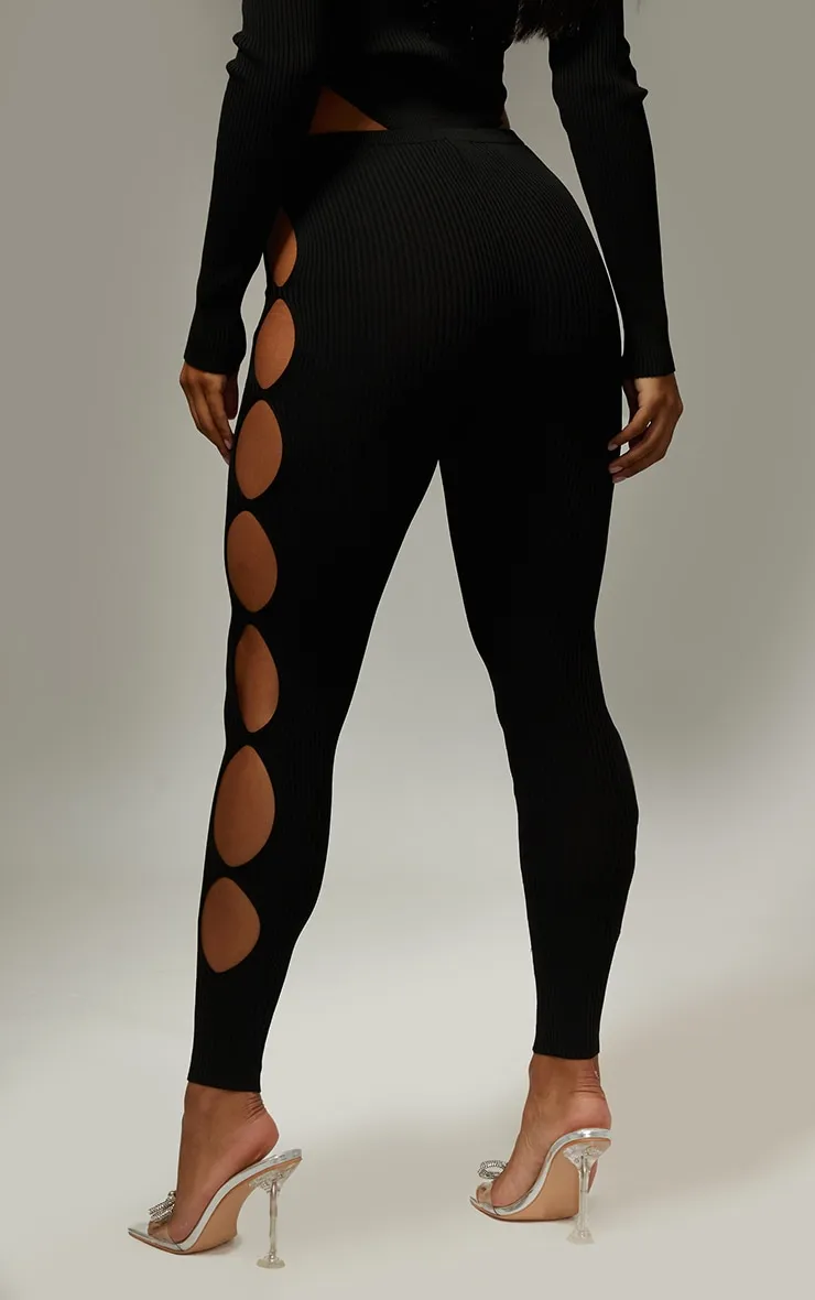 Black Cut Out Rib Knit Leggings sold by Pretty Little Thing product image thumbnail 3