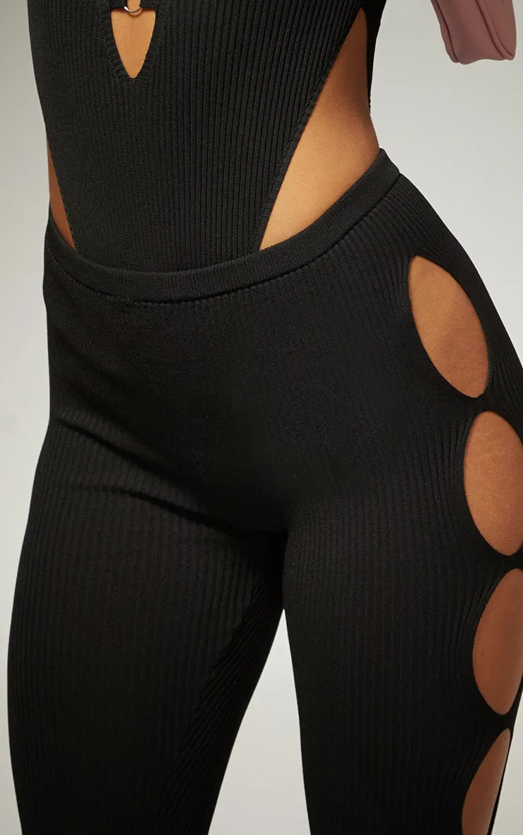 Black Cut Out Rib Knit Leggings sold by Pretty Little Thing product image thumbnail 4