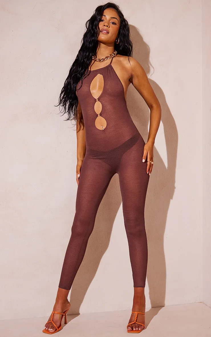 Tall Chocolate Sheer Knit Cut Out Jumpsuit sold by Pretty Little Thing