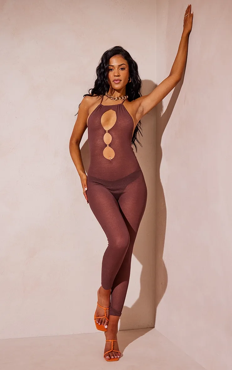 Tall Chocolate Sheer Knit Cut Out Jumpsuit sold by Pretty Little Thing product image thumbnail 3