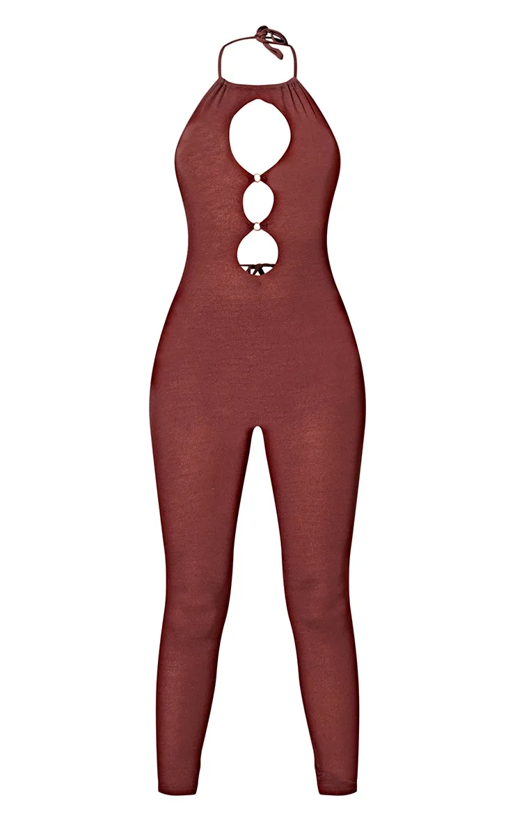 Tall Chocolate Sheer Knit Cut Out Jumpsuit sold by Pretty Little Thing product image thumbnail 5