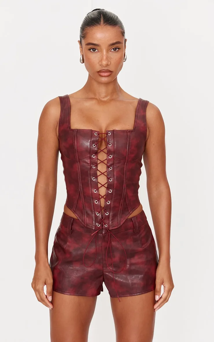 Burgundy Washed Faux Leather Hot Pants sold by Pretty Little Thing product image thumbnail 4