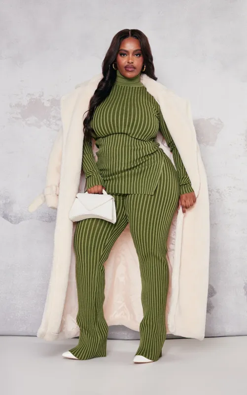 Plus Khaki Rib Knitted Trousers sold by Pretty Little Thing