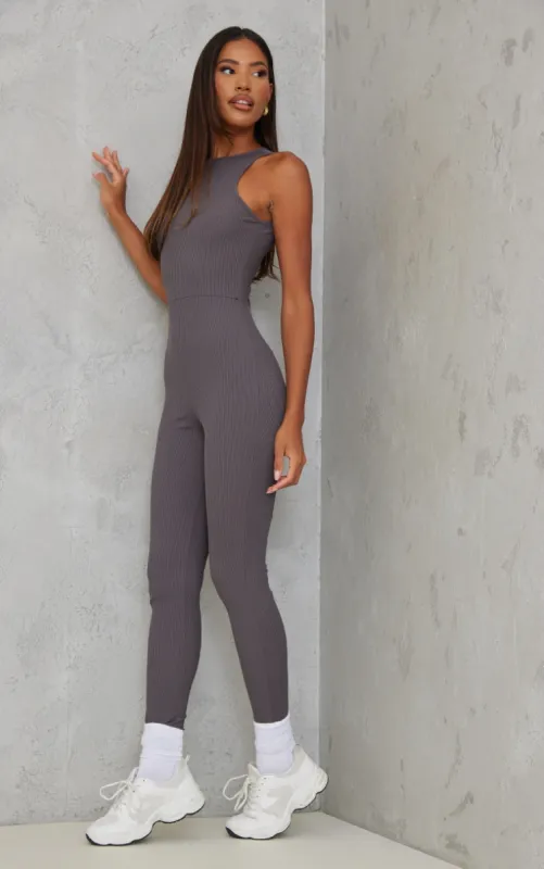 Charcoal Racer Rib Jumpsuit sold by Pretty Little Thing