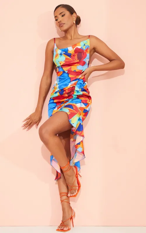 Multi Abstract Print Satin Frill Hem Ruched Maxi Dress sold by Pretty Little Thing