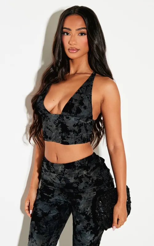Petite Black Devore Strappy Crop Top sold by Pretty Little Thing