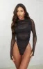 Black Mesh Ruched Long Sleeve Crew Neck Bodysuit sold by Pretty Little Thing