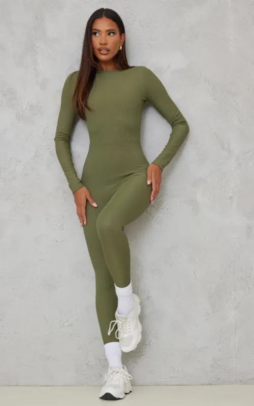 Moss Khaki Rib Long Sleeve Thumb Hole Jumpsuit sold by Pretty Little Thing