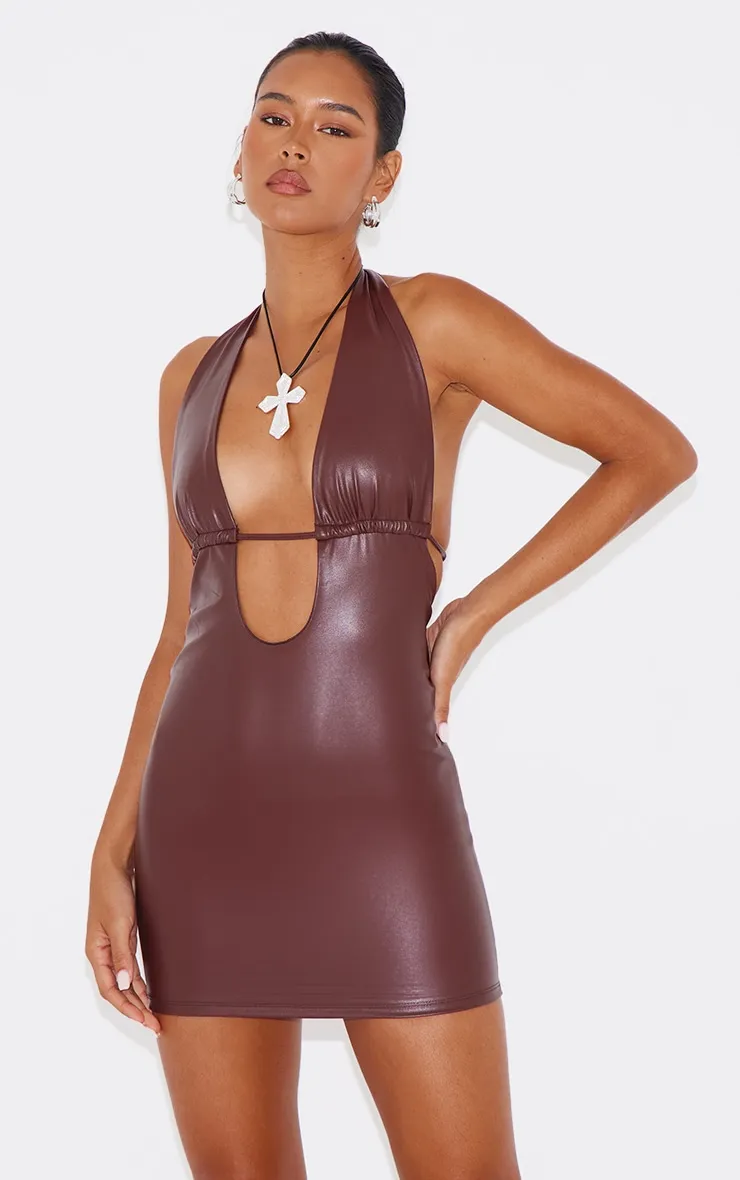 Chocolate Faux Leather Plunge Bodycon Dress sold by Pretty Little Thing product image thumbnail 4