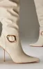 Cream PU Gold Buckle Point Toe High Stiletto Over The Knee Boots sold by Pretty Little Thing