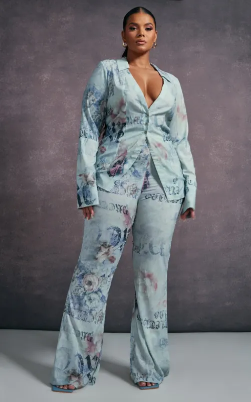 Plus Blue Vintage Floral Print Chiffon Flare Trousers sold by Pretty Little Thing