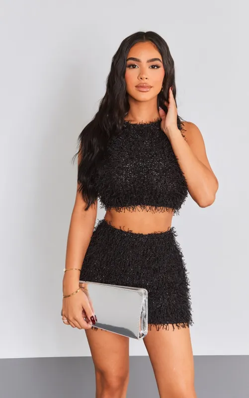 Petite Black Faux Glitter Feather Crop Top sold by Pretty Little Thing