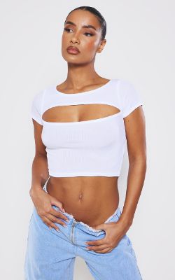  White Ribbed Cut Out Short Sleeve Crop Top sold by Pretty Little Thing