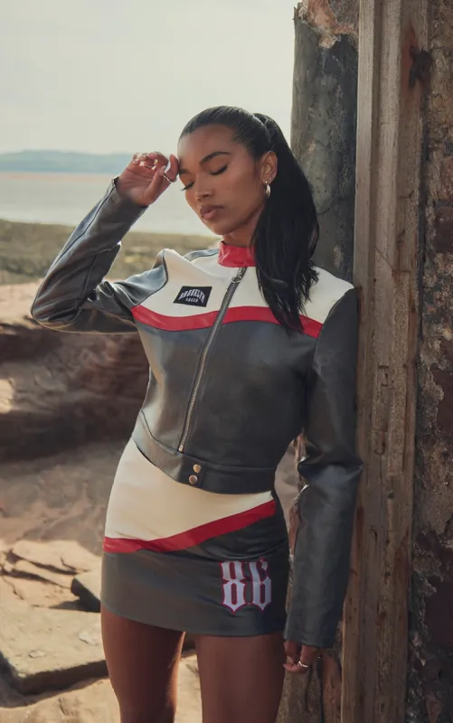 Grey Contrast Stripe Coated Denim Mini Skirt sold by Pretty Little Thing