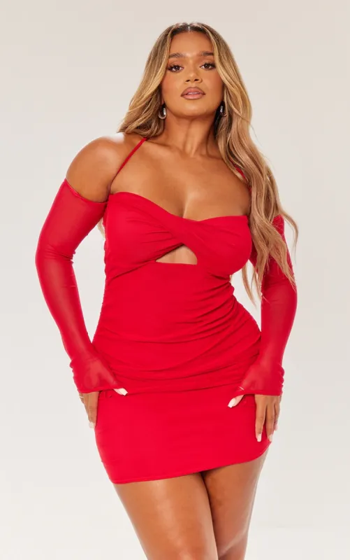 Shape Red Mesh Twist Cut Out Ruched Bodycon Dress sold by Pretty Little Thing
