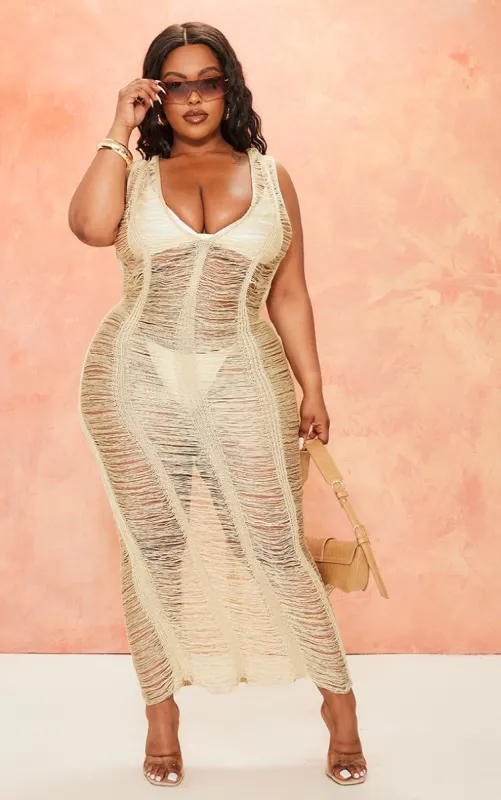 Plus Gold Metallic Distressed Maxi Dress sold by Pretty Little Thing