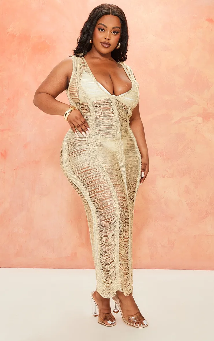 Plus Gold Metallic Distressed Maxi Dress sold by Pretty Little Thing product image thumbnail 3