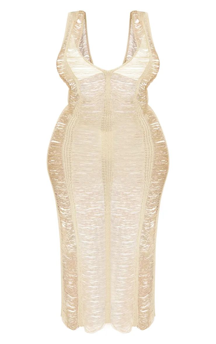 Plus Gold Metallic Distressed Maxi Dress sold by Pretty Little Thing product image thumbnail 5