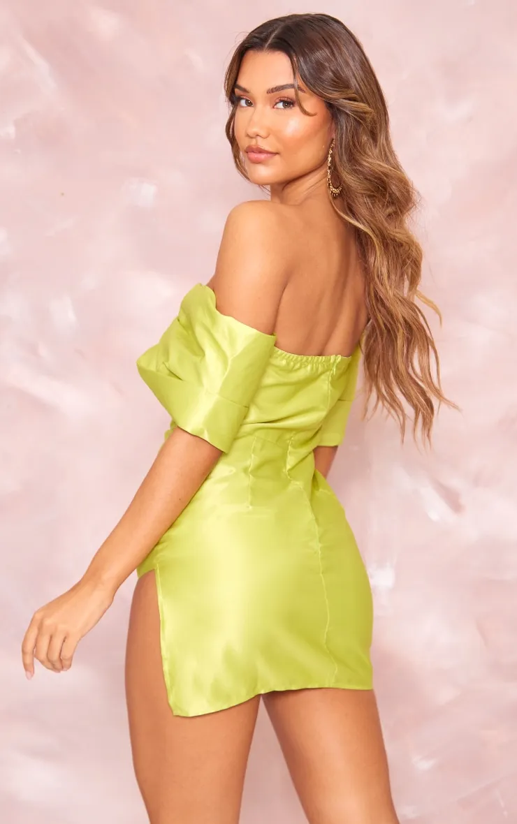Lime Satin Oversized Bardot Wrap Shift Dress sold by Pretty Little Thing product image thumbnail 2