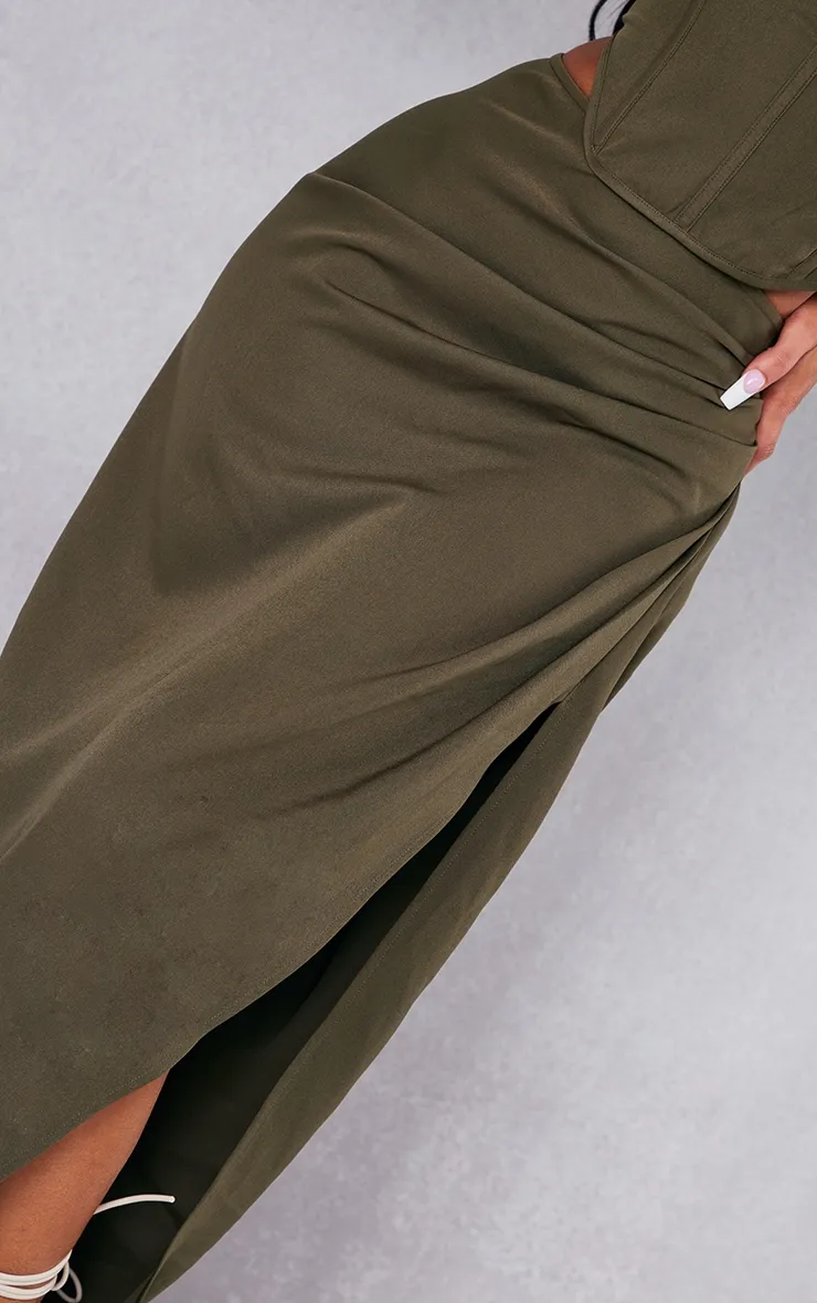 Khaki Woven Ruched Midaxi Skirt sold by Pretty Little Thing product image thumbnail 4