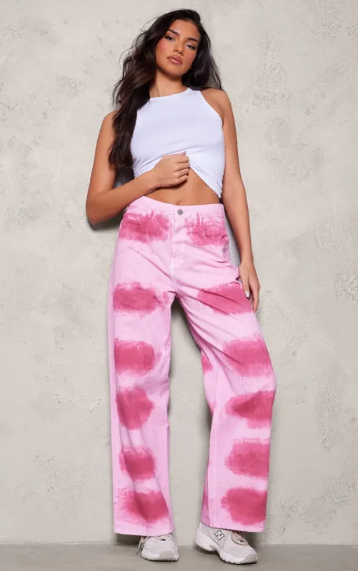 Pink Tie Dye Denim Wide Leg Jeans sold by Pretty Little Thing