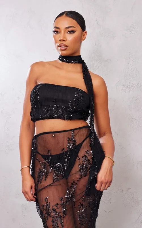 Tall Black Sequin Detail Bandeau Crop Top sold by Pretty Little Thing
