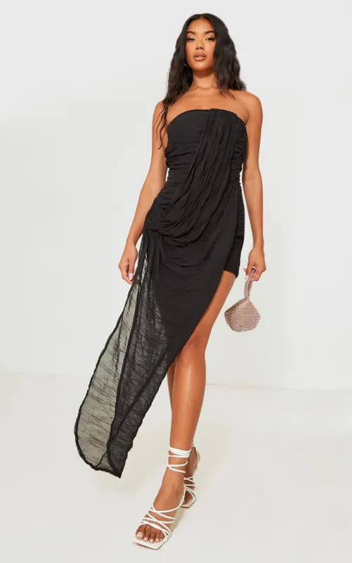 Black Ruched Chiffon Drape Bandeau Midaxi Dress sold by Pretty Little Thing