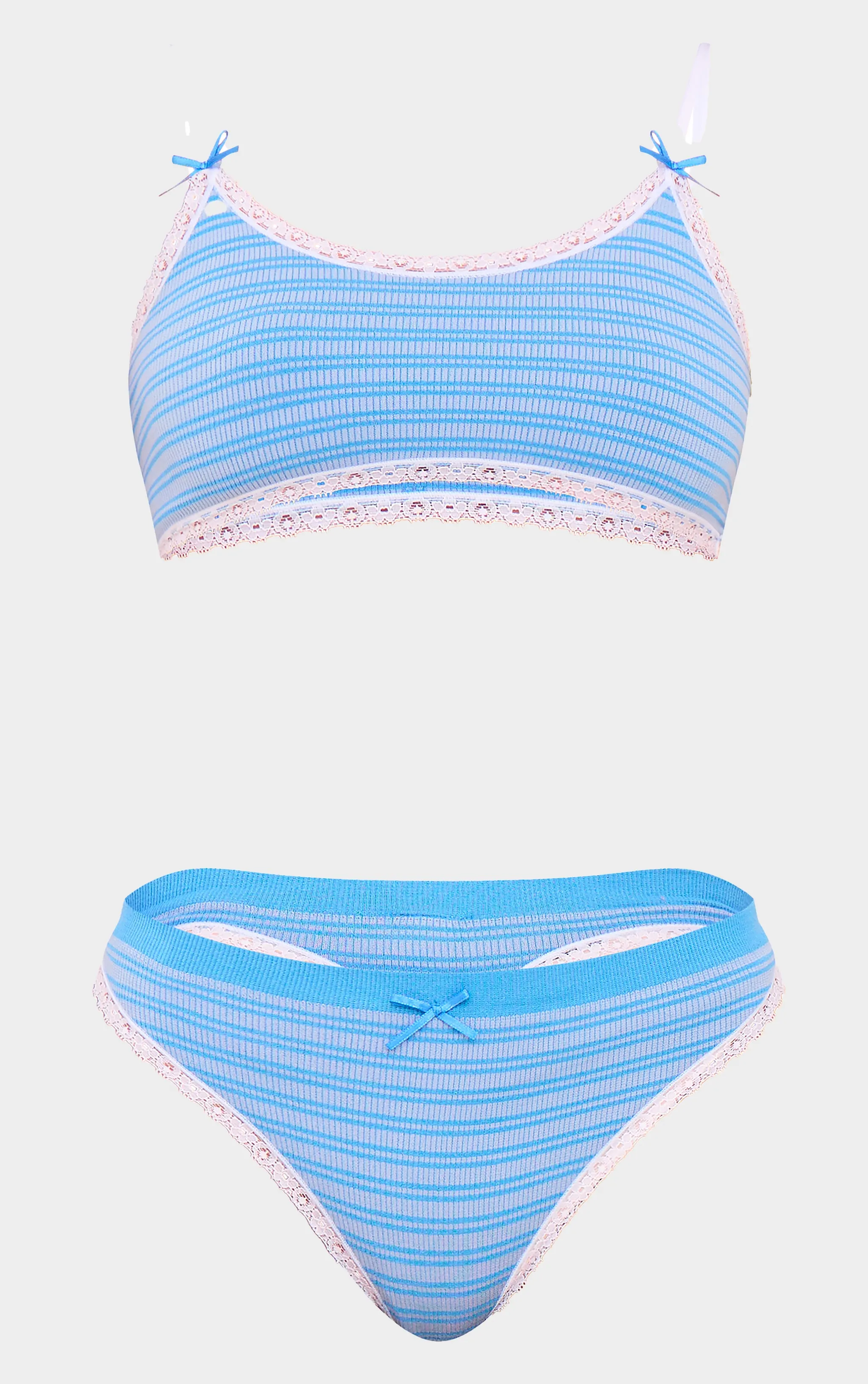 Blue Lace Trim Textured Stripe Bralette And Thong Lingerie Set sold by Pretty Little Thing product image thumbnail 5