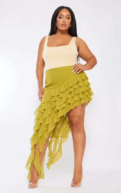 Plus Olive Ruffle Detail Asymmetric Midi Skirt sold by Pretty Little Thing