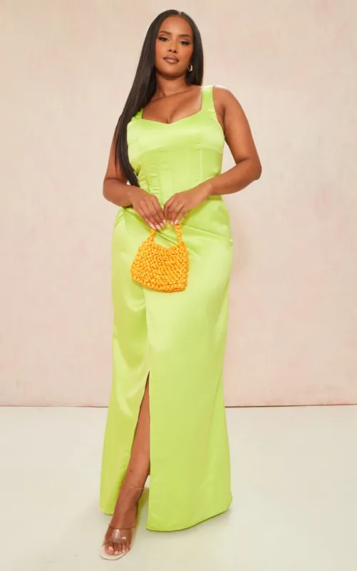 Shape Lime Structured Satin Split Detail Maxi Dress sold by Pretty Little Thing