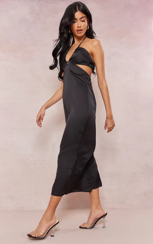 Black Satin Strappy Cut Out Midaxi Dress sold by Pretty Little Thing