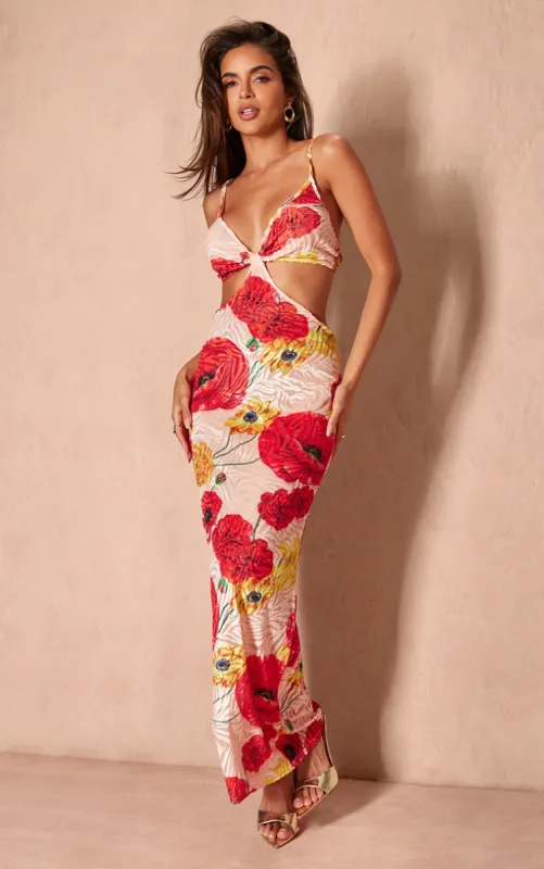  Red Floral Print Devore Cut Out Maxi Dress sold by Pretty Little Thing