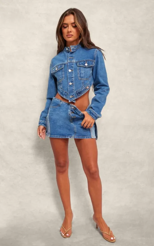 Mid Blue Wash Contrast Panel Button Detail Denim Mini Skirt sold by Pretty Little Thing