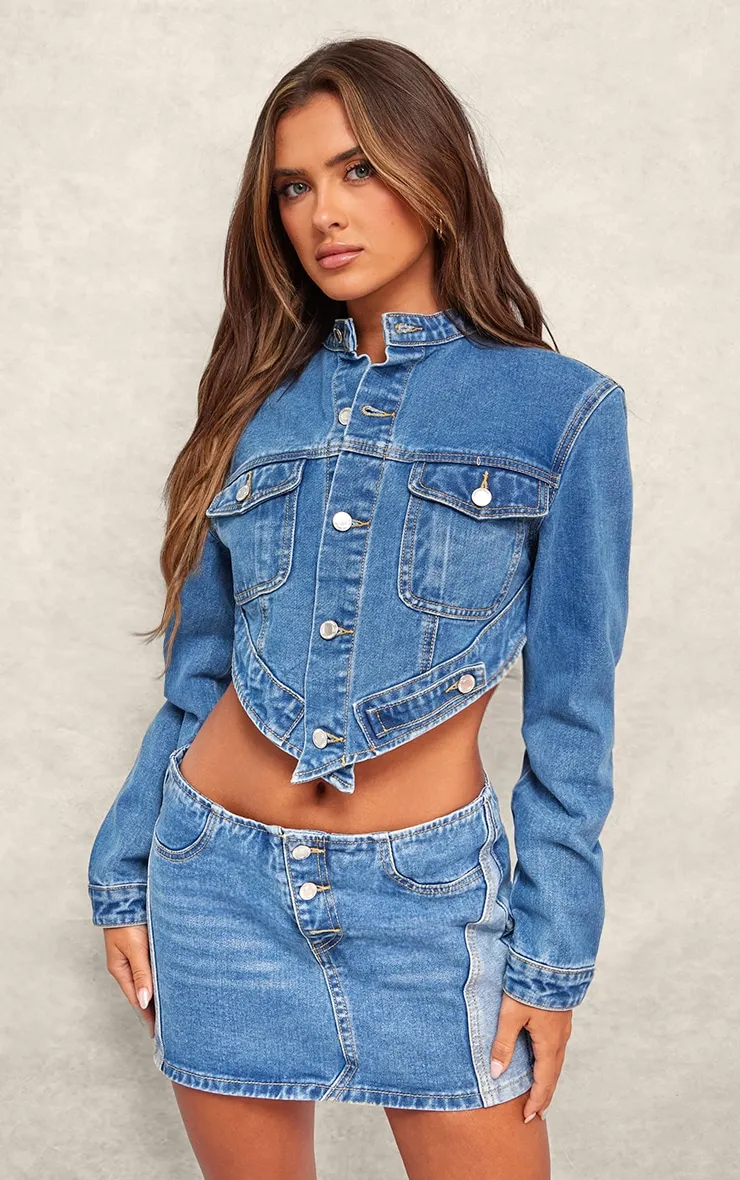 Mid Blue Wash Contrast Panel Button Detail Denim Mini Skirt sold by Pretty Little Thing product image thumbnail 4
