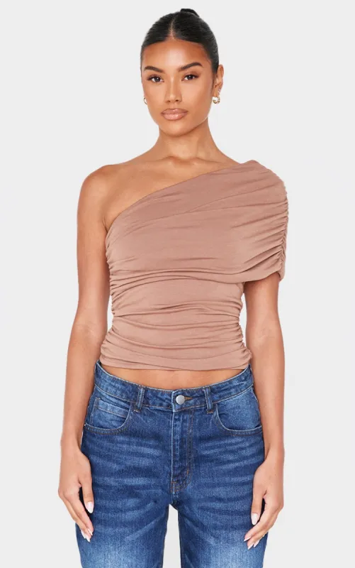 Chocolate Contour Jersey One Shoulder Fold Over Ruched Top sold by Pretty Little Thing