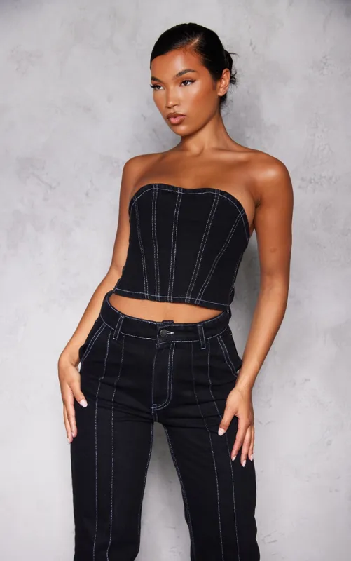 Black Contrast Seam Detail Denim Corset Top sold by Pretty Little Thing