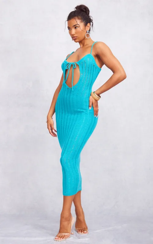 Turquoise Space Dye Knit Laddering Key Hole Maxi Dress sold by Pretty Little Thing