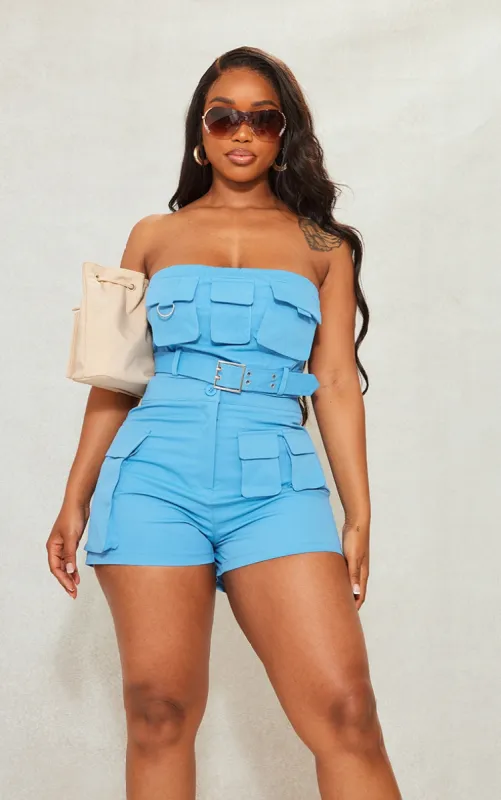 Shape Blue Twill Buckle Detail Cargo Bandeau sold by Pretty Little Thing