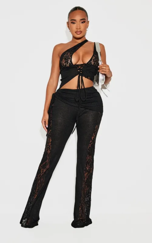Shape Black Fold Over Ribbed Trousers With Side Panel Detail sold by Pretty Little Thing