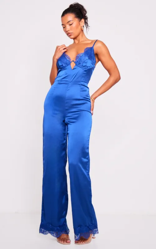 Blue Satin Lace Trim Detail Jumpsuit sold by Pretty Little Thing