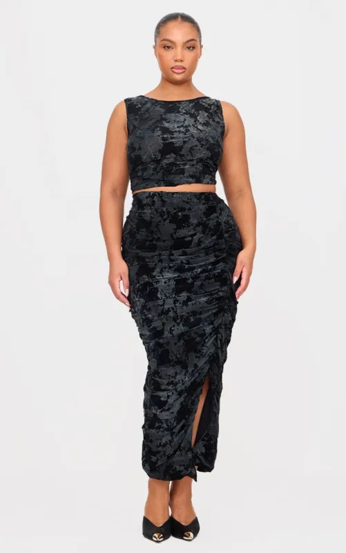 Plus Black Devore Ruched Maxi Skirt sold by Pretty Little Thing