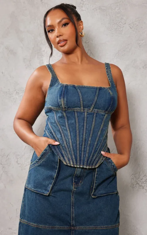 Plus Indigo Vintage Wash Seam Detail Denim Corset sold by Pretty Little Thing